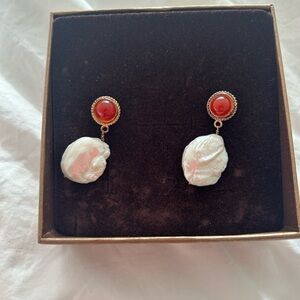 Vinotouch Gold and Rust Pearl Drop Earrings